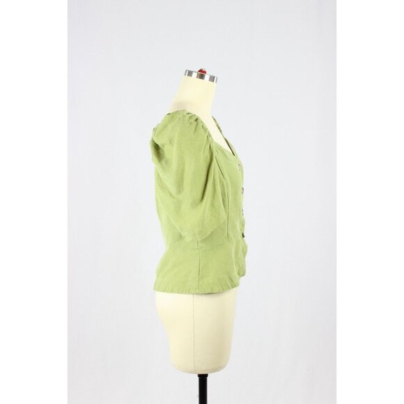 Aritzia WILFRED Janine Green Linen Blend Peplum Prairie Blouse Top, Size M - Picture 2 of 16